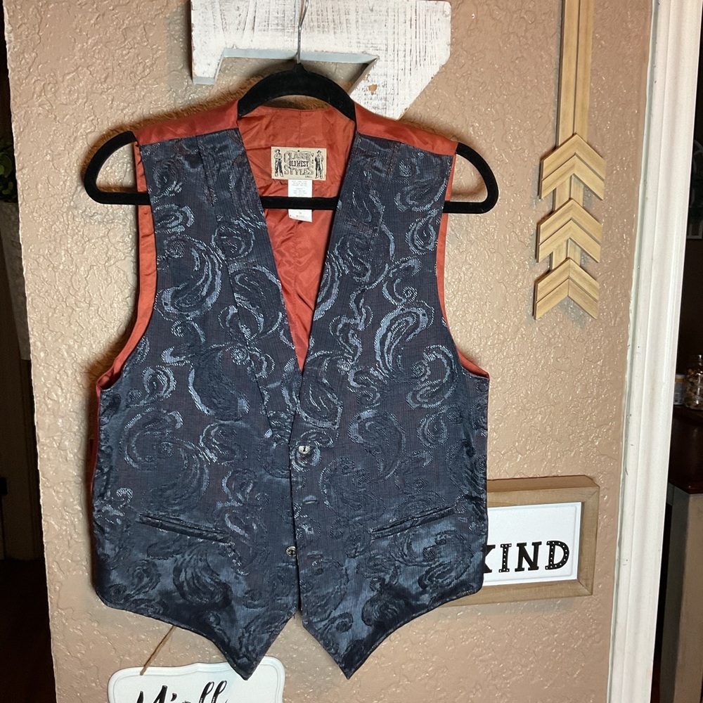 Vintage Classic Old West Styles Western Navy Brocade Vest with Rust Lining Small